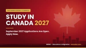 WEMS - Worldwide Education & Migration Services - WEMS Study in Canada 2027 featured image: September 2027 applications are open, apply now, with a maple leaf and city skyline on a WEMS red background