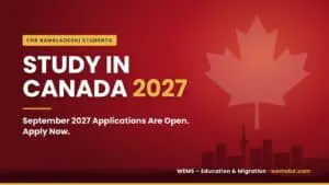 WEMS - Worldwide Education & Migration Services - WEMS Study in Canada 2027 featured image: September 2027 applications are open, apply now, with a maple leaf and city skyline on a WEMS red background